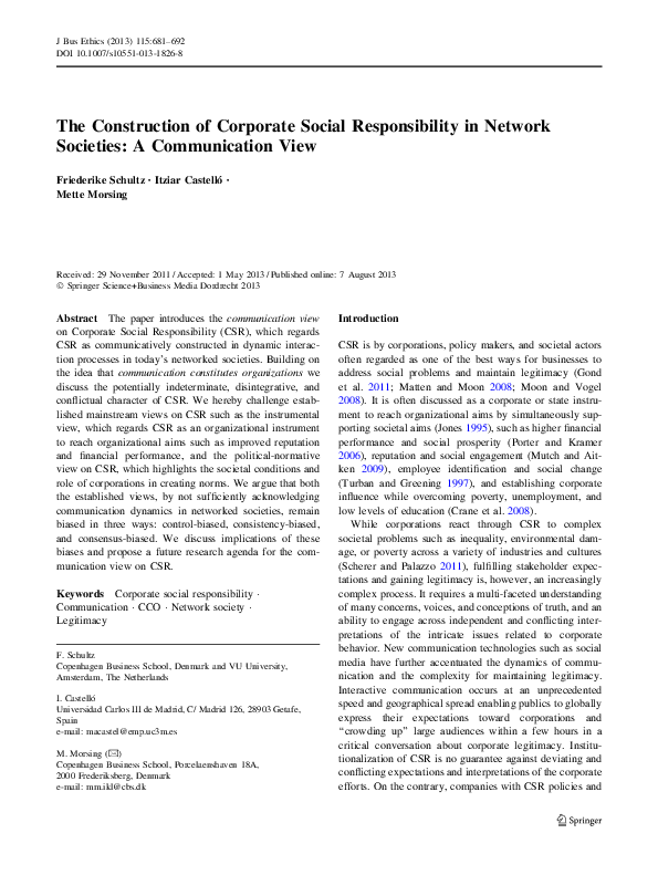 (PDF) The Construction of Corporate Social Responsibility in Network ...