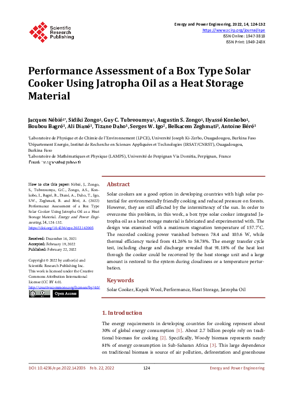 (PDF) Performance Assessment of a Box Type Solar Cooker Using Jatropha ...