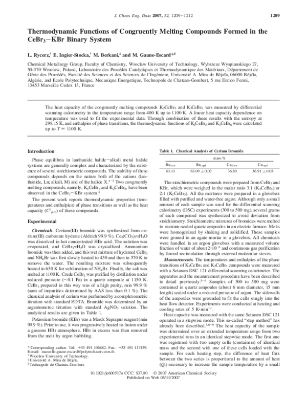 (PDF) Thermodynamic Functions of Congruently Melting Compounds Formed ...
