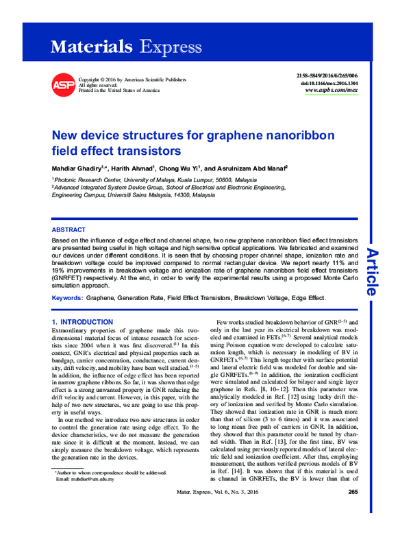 (PDF) New device structures for graphene nanoribbon field effect ...
