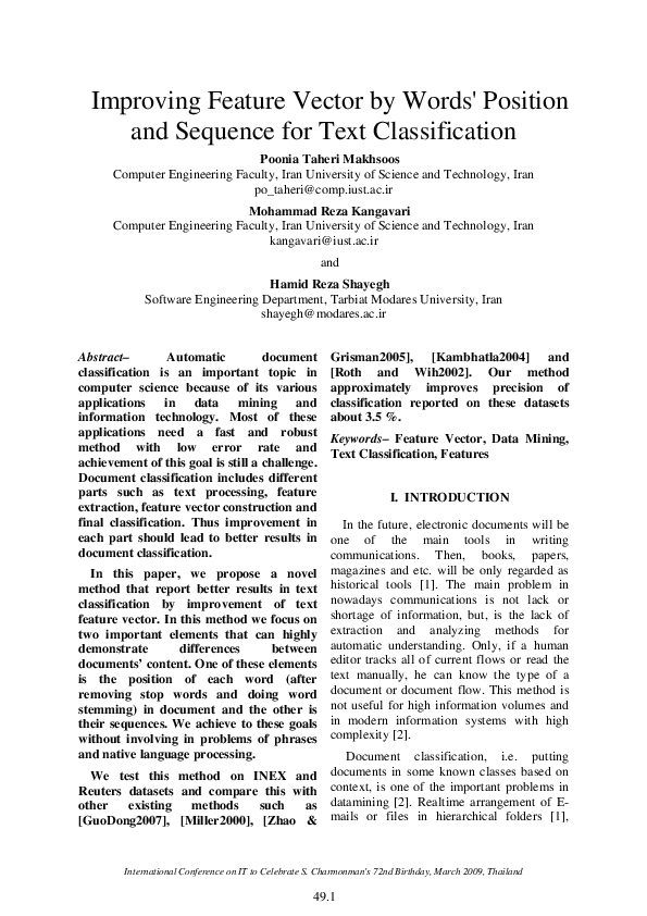 (PDF) Improving Feature Vector by Words' Position and Sequence for Text ...