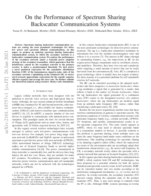 (PDF) On the Performance of Spectrum Sharing Backscatter Communication ...