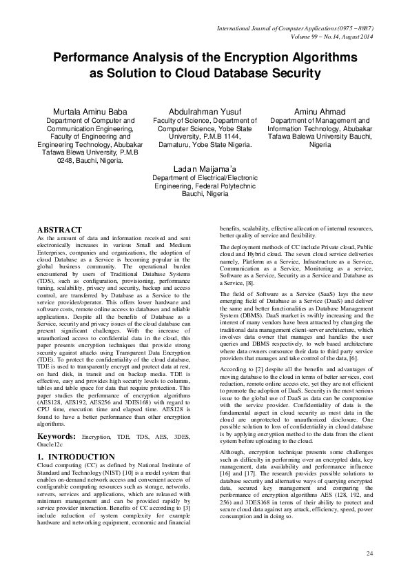 (PDF) Performance Analysis of the Encryption Algorithms as Solution to ...