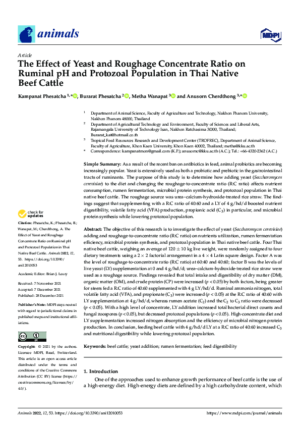 (PDF) The Effect of Yeast and Roughage Concentrate Ratio on Ruminal pH ...
