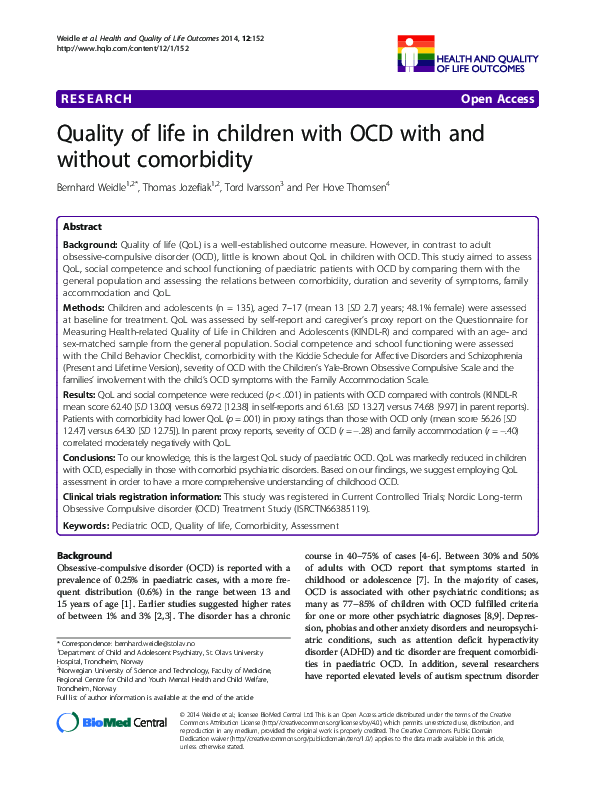 (PDF) Quality of life in children with OCD with and without comorbidity