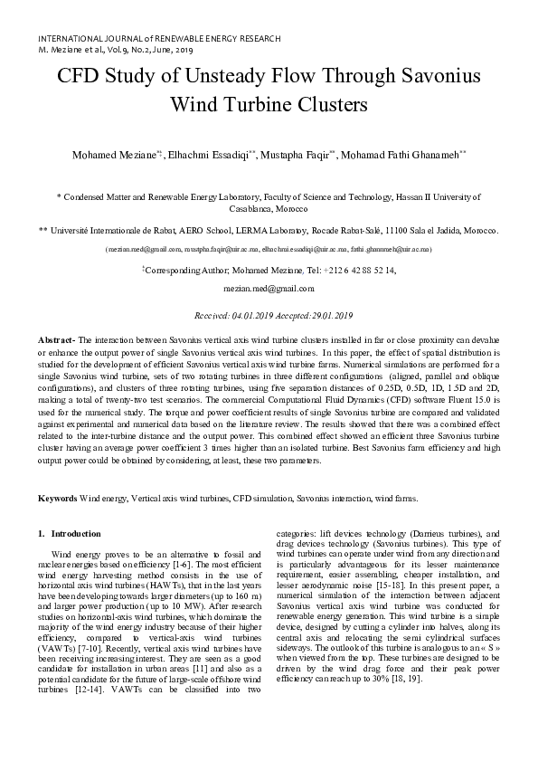 (PDF) CFD Study of Unsteady Flow Through Savonius Wind Turbine Clusters