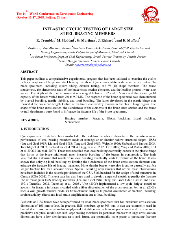 (PDF) Inelastic Cyclic Testing of Large Size Steel Bracing Members