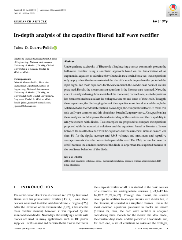 (PDF) In-depth analysis of the capacitive filtered half wave rectifier