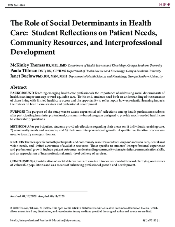 (PDF) The Role of Social Determinants in Health Care: Student ...