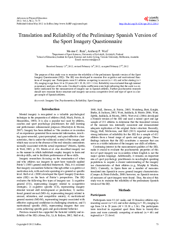 (PDF) Translation and Reliability of the Preliminary Spanish Version of ...