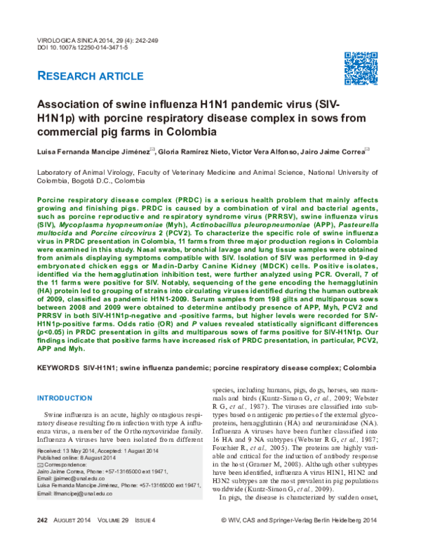 (PDF) Association of swine influenza H1N1 pandemic virus (SIV-H1N1p ...