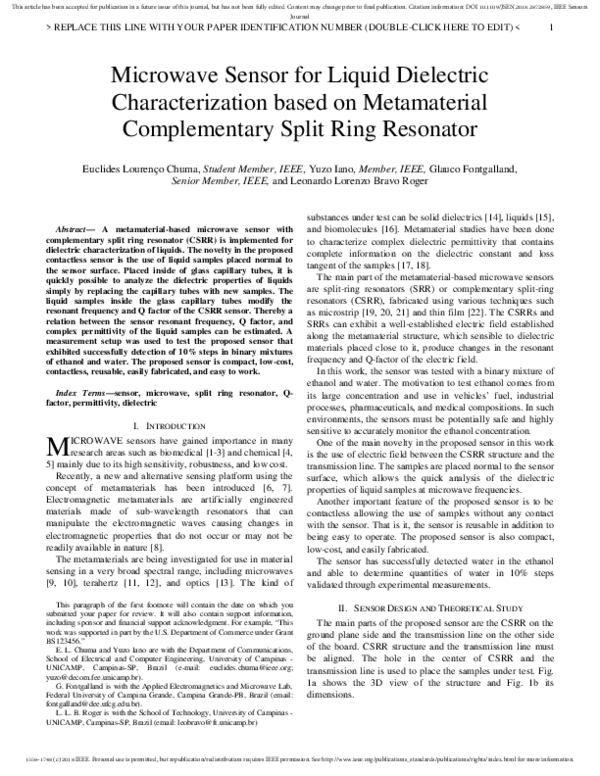 (PDF) Microwave Sensor for Liquid Dielectric Characterization Based on ...