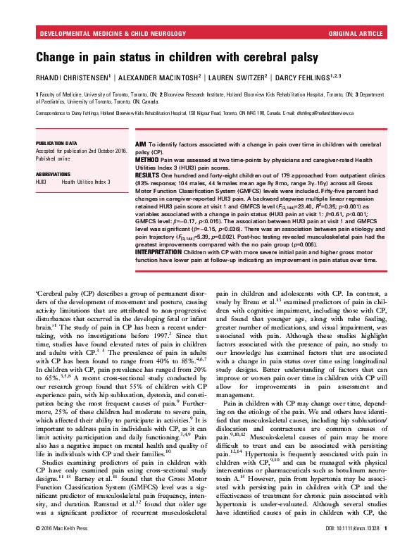 (PDF) Change in pain status in children with cerebral palsy