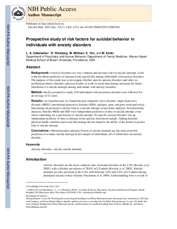 (PDF) Prospective study of risk factors for suicidal behavior in ...