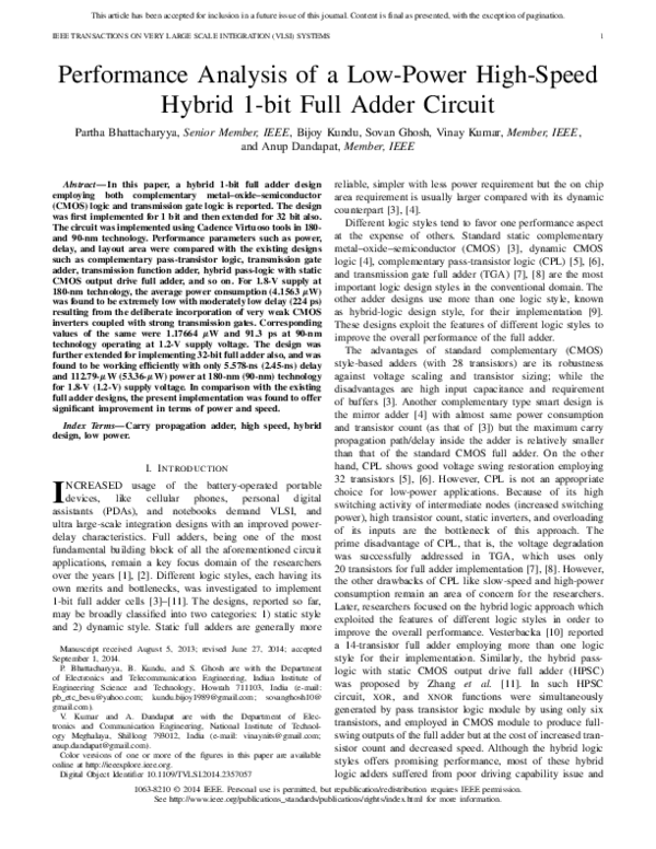 (PDF) Performance Analysis of a Low-Power High-Speed Hybrid 1-bit Full ...