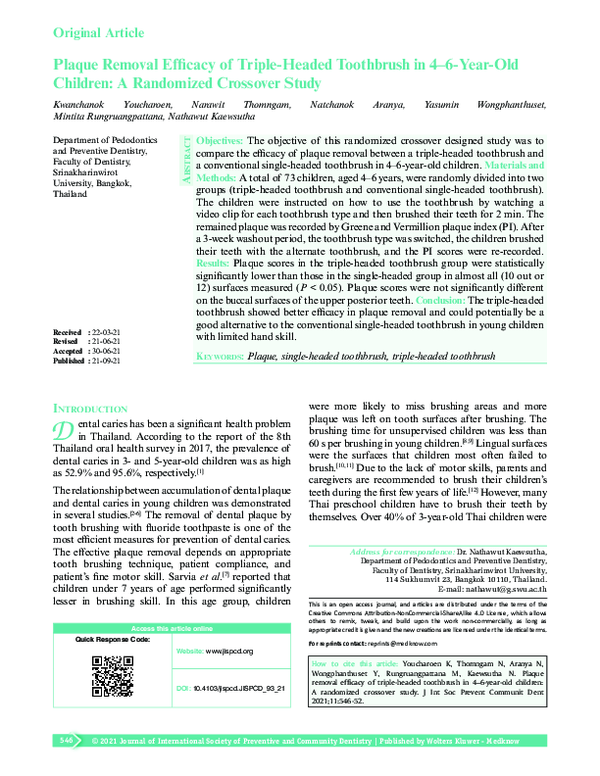 (PDF) Plaque removal efficacy of triple-headed toothbrush in 4–6-year ...