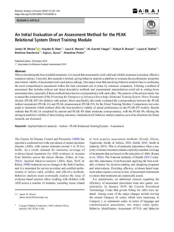 (PDF) An Initial Evaluation of an Assessment Method for the PEAK ...