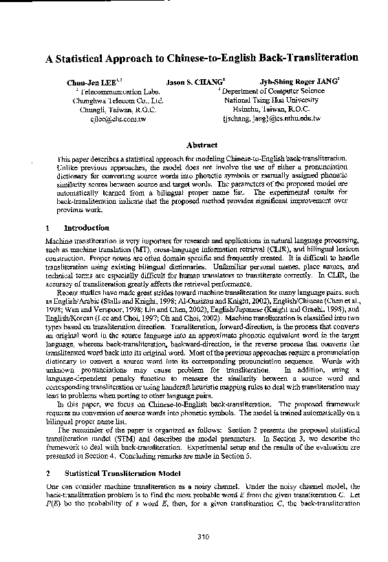 (PDF) A Statistical Approach to Chinese-to-English Back-Transliteration