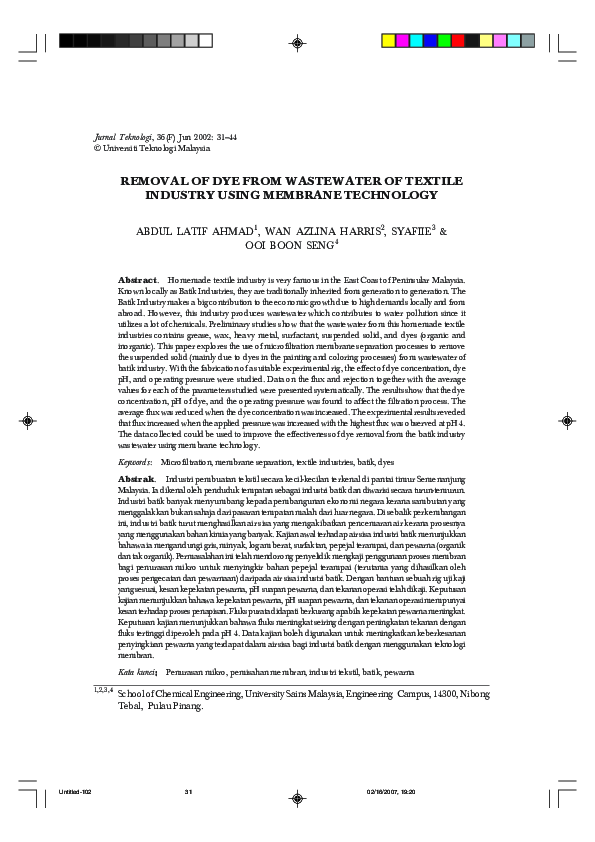 (PDF) Removal of Dye From Wastewater of Textile Industry Using Membrane ...