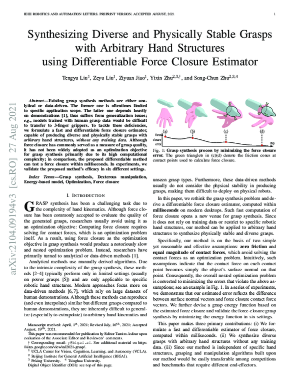 (PDF) Synthesizing Diverse and Physically Stable Grasps with Arbitrary ...