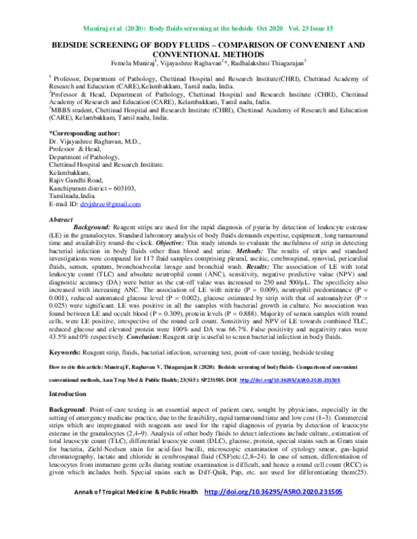 (PDF) Bedside Screening of Body Fluids – Comparison of Convenient and ...