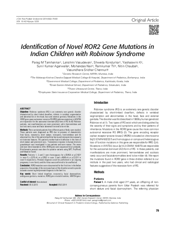 (PDF) Identification of Novel ROR2 Gene Mutations in Indian Children ...