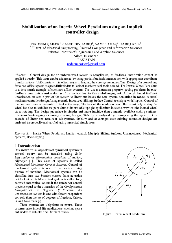 (PDF) Stabilization of Inertia Wheel Pendulum using Multiple Sliding ...