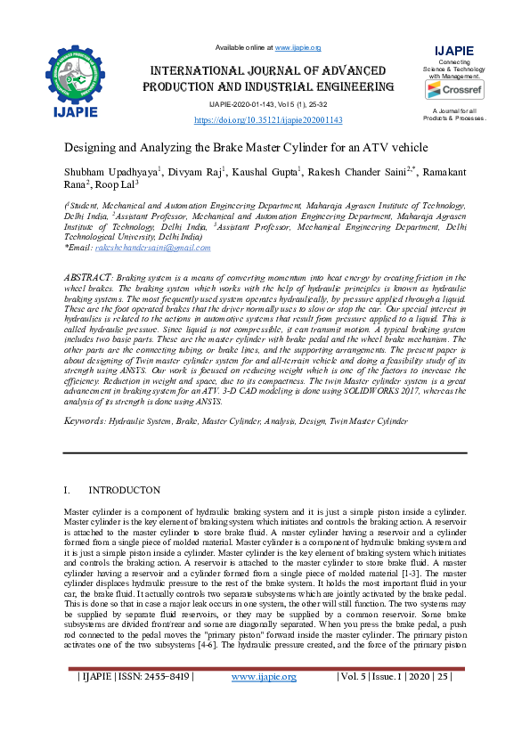 (PDF) Designing and Analyzing the Brake Master Cylinder for an ATV vehicle