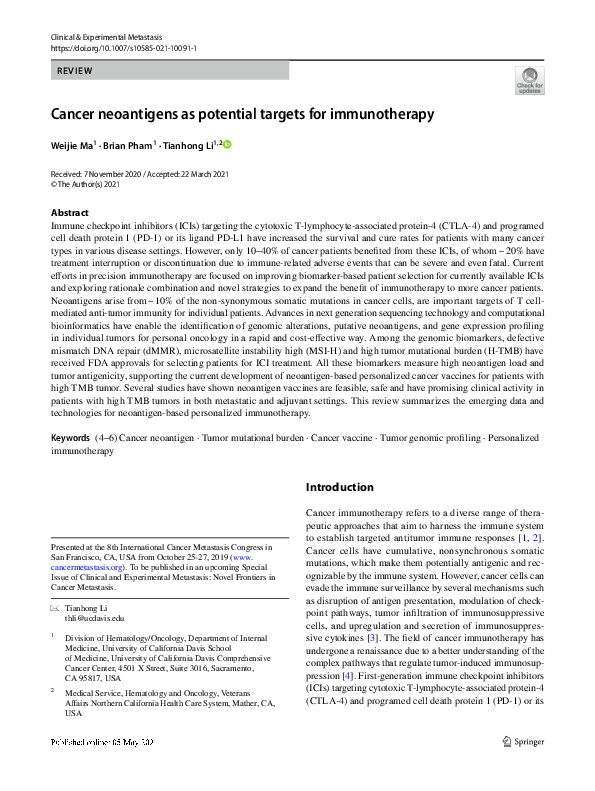 (PDF) Cancer neoantigens as potential targets for immunotherapy