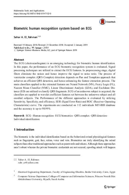 (PDF) Biometric human recognition system based on ECG