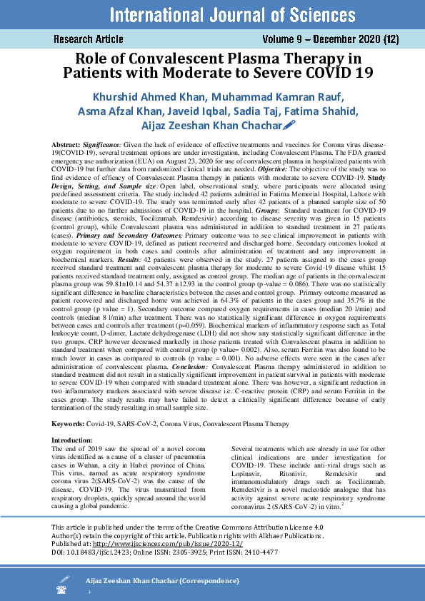 (PDF) Role of Convalescent Plasma Therapy in Patients with Moderate to ...