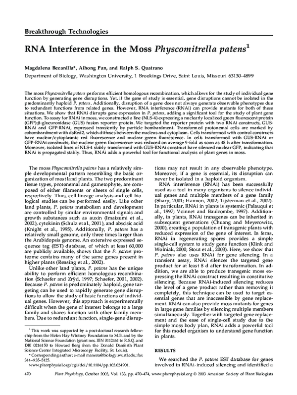 (PDF) RNA Interference in the Moss Physcomitrella patens