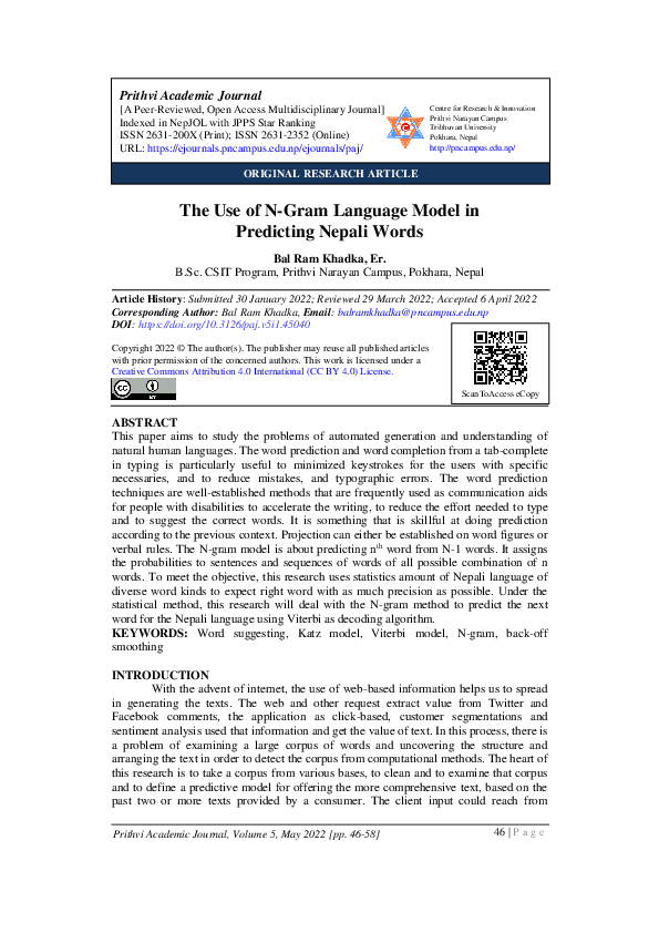 (PDF) The Use of N-Gram Language Model in Predicting Nepali Words
