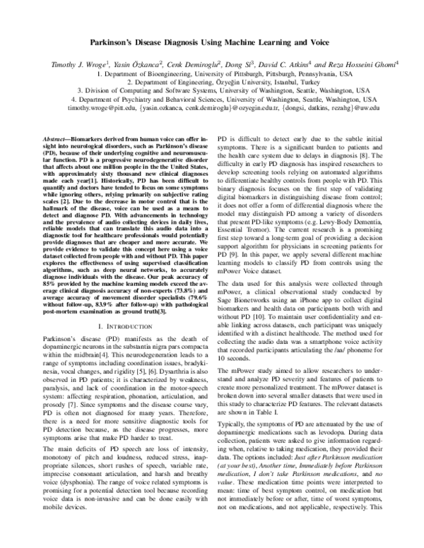 (PDF) Parkinson’s Disease Diagnosis Using Machine Learning and Voice