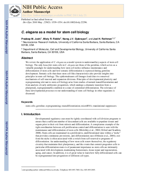 (PDF) Caenorhabditis elegans as a model for stem cell biology