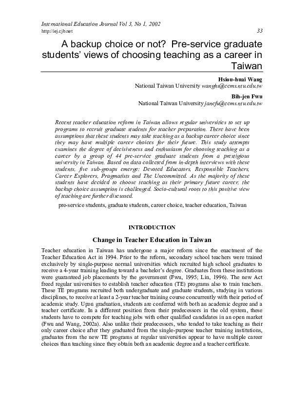 (PDF) A back-up choice'or not? Pre-service graduate students' views of ...