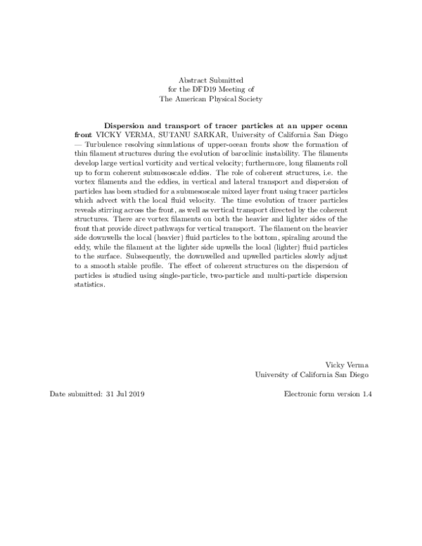 (PDF) Dispersion and transport of tracer particles at an upper ocean front