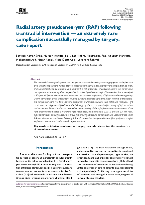 (PDF) Surgical Management of Radial Artery Pseudoaneurysm