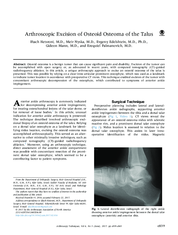 (PDF) Arthroscopic Excision of Osteoid Osteoma of the Talus