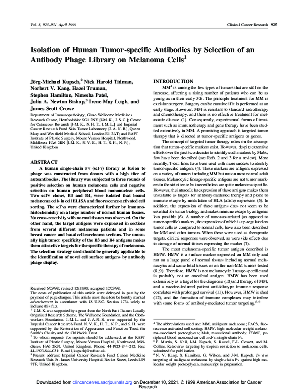 (PDF) Isolation of human tumor-specific antibodies by selection of an ...