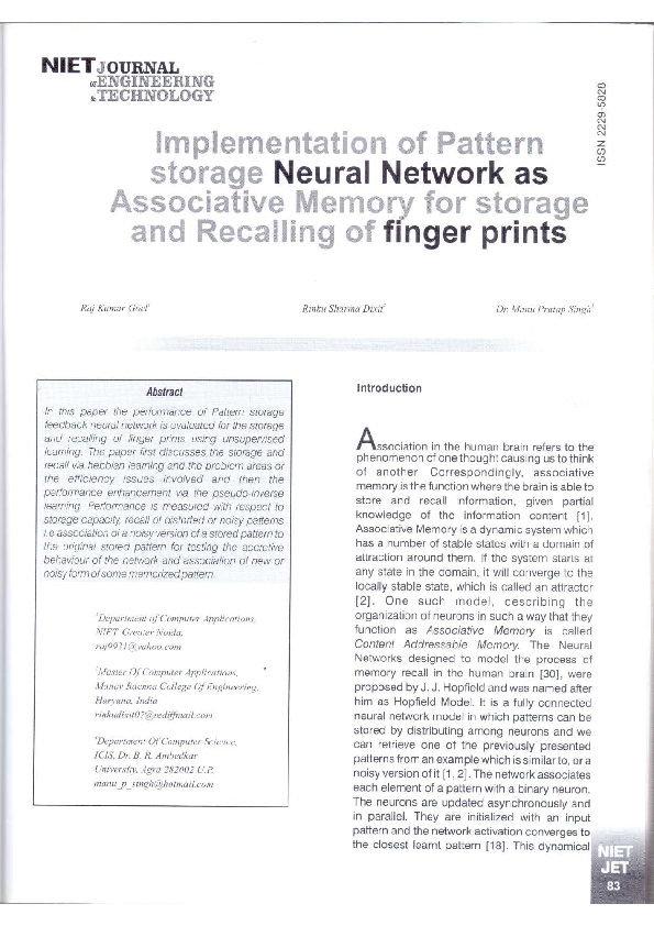 (PDF) Implementaion Of Pattern Storage Neural Network As Associative ...