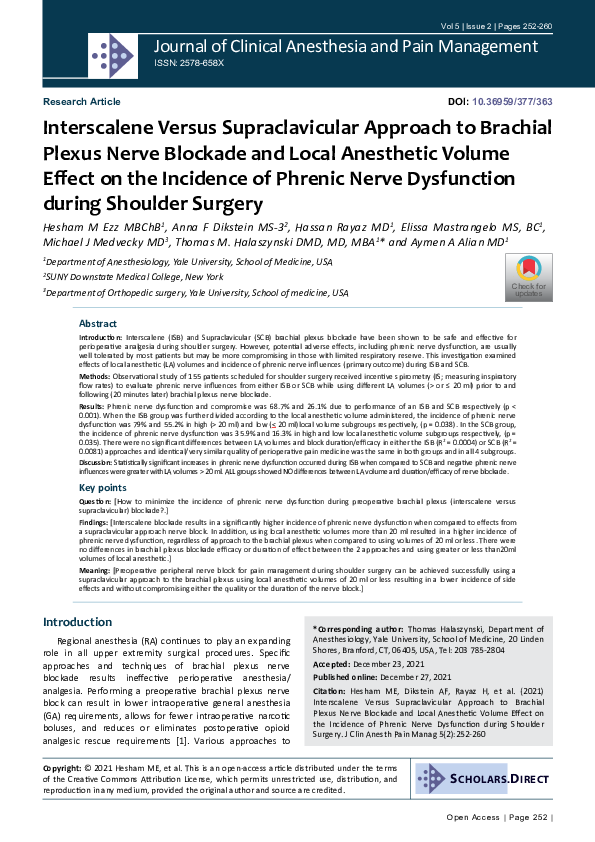 (PDF) Interscalene Versus Supraclavicular Approach to Brachial Plexus
