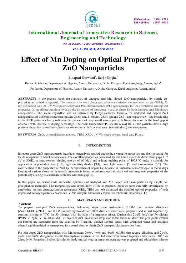 (PDF) Effect of Mn Doping on Optical Properties ofZnO Nanoparticles