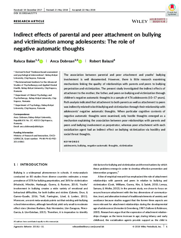 (PDF) Indirect effects of parental and peer attachment on bullying and ...