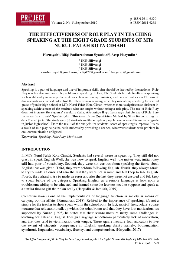 (PDF) THE EFFECTIVENESS OF ROLE PLAY IN TEACHING SPEAKING AT THE EIGHT ...