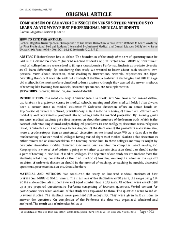 (PDF) Comparison of Cadaveric Dissection Versus Other Method S to Learn