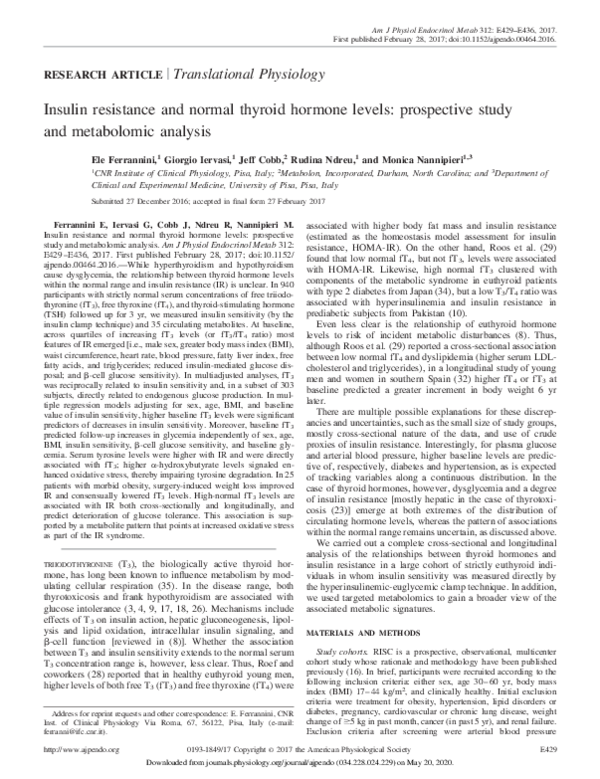 (PDF) Insulin resistance and normal thyroid hormone levels: prospective ...
