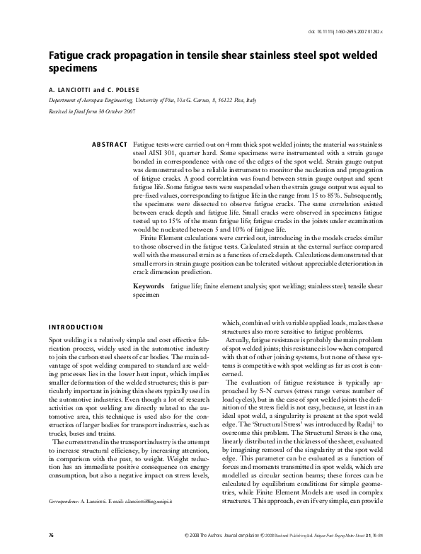 (PDF) Fatigue crack propagation in tensile shear stainless steel spot ...