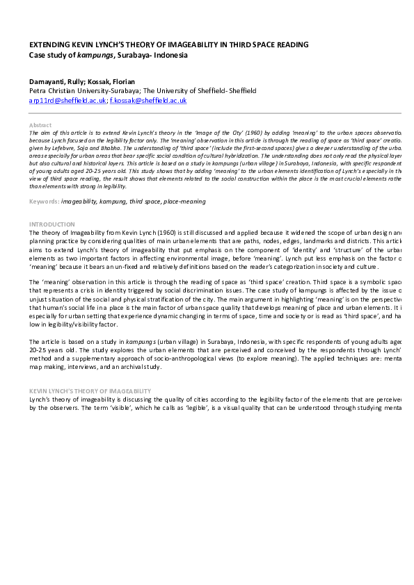 (PDF) EXTENDING KEVIN LYNCH S THEORY OF IMAGEABILITY IN THIRD SPACE ...