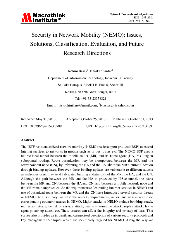 (PDF) Security in Network Mobility (NEMO): Issues, Solutions ...